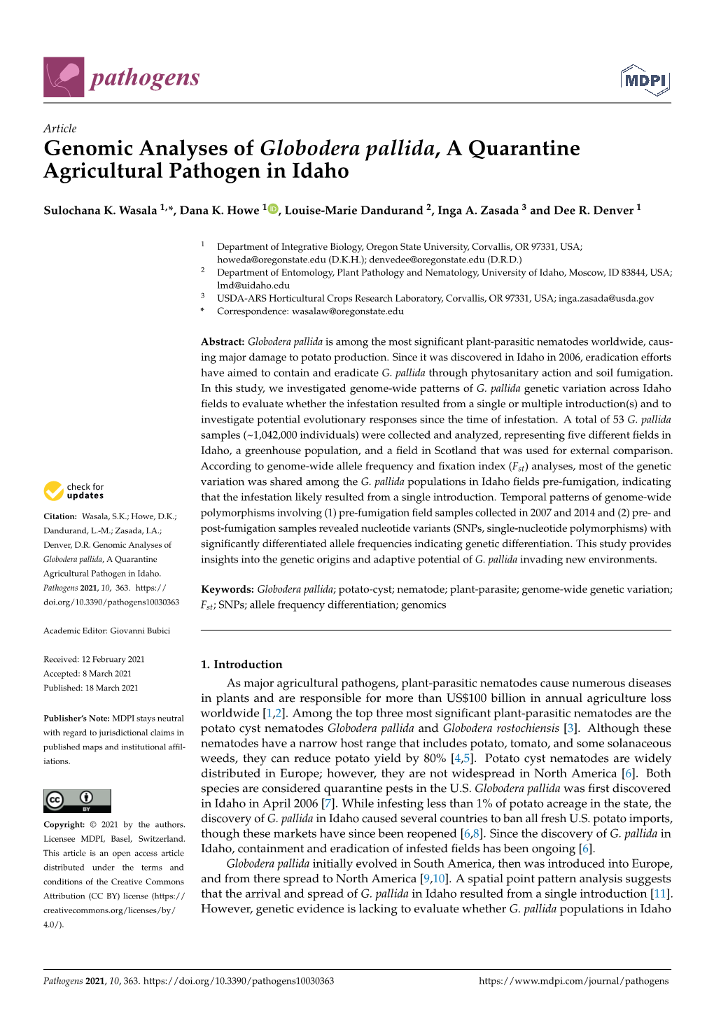 Genomic Analyses of Globodera Pallida, a Quarantine Agricultural Pathogen in Idaho