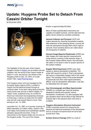 Huygens Probe Set to Detach from Cassini Orbiter Tonight 24 December 2004