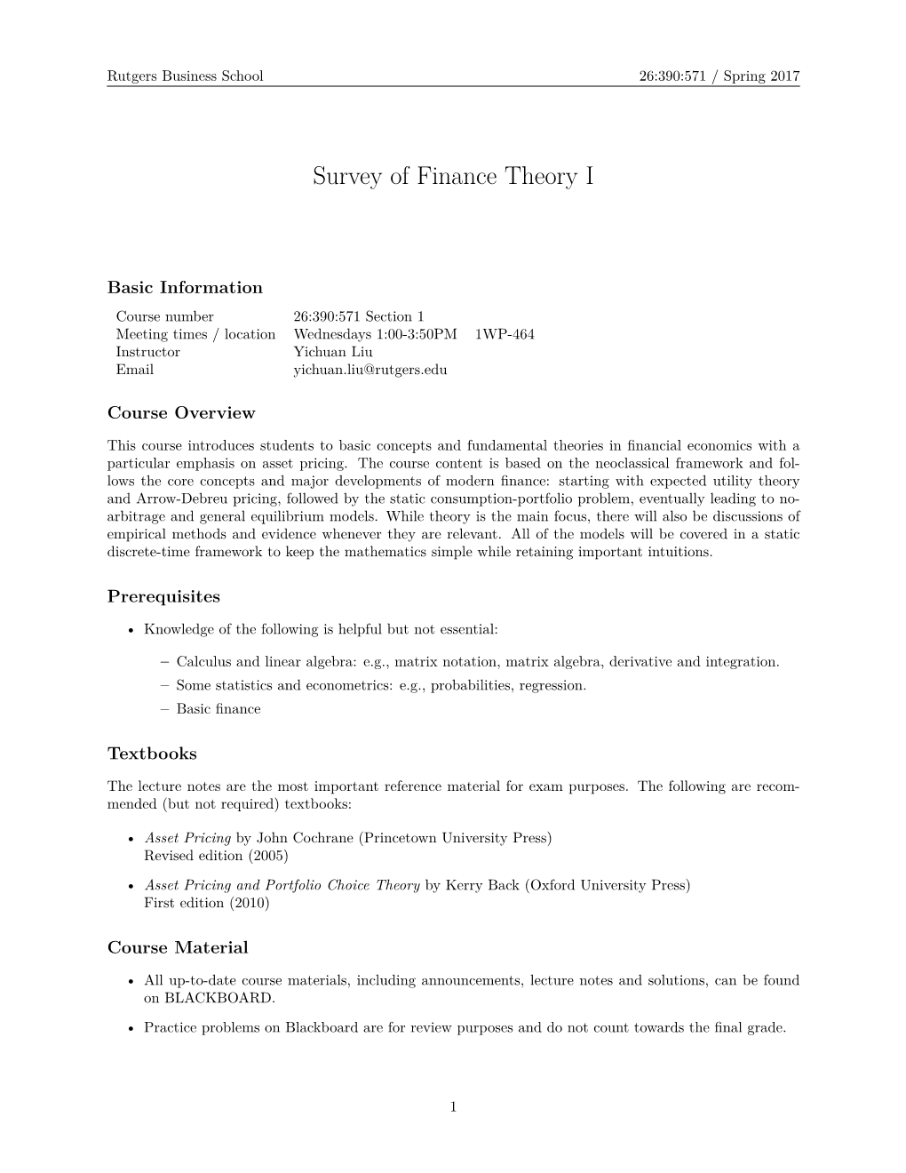 Survey of Finance Theory I