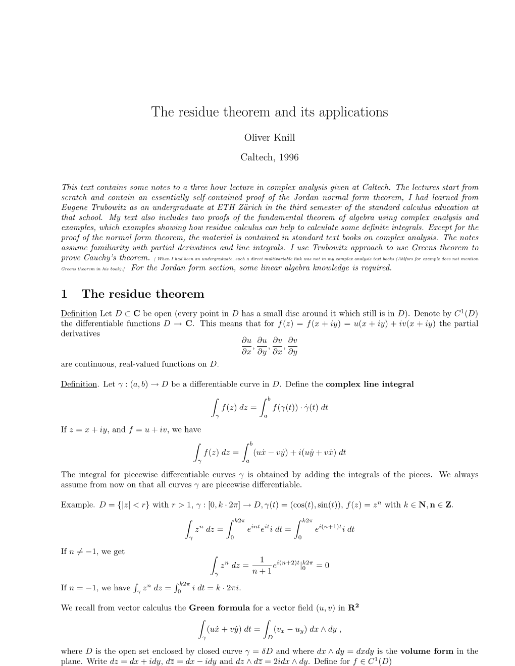The Residue Theorem and Its Applications