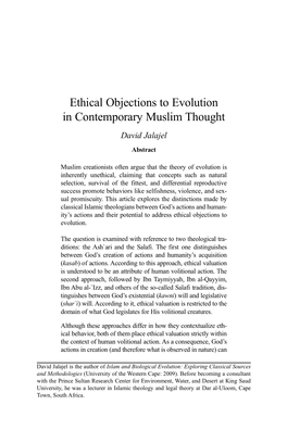 Ethical Objections to Evolution in Contemporary Muslim Thought David Jalajel Abstract