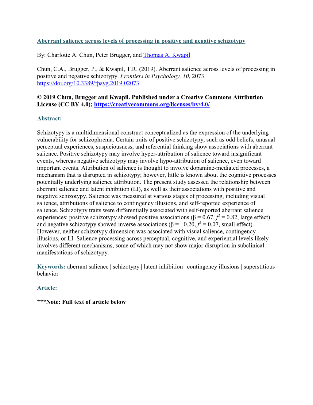 Aberrant Salience Across Levels of Processing in Positive and Negative Schizotypy