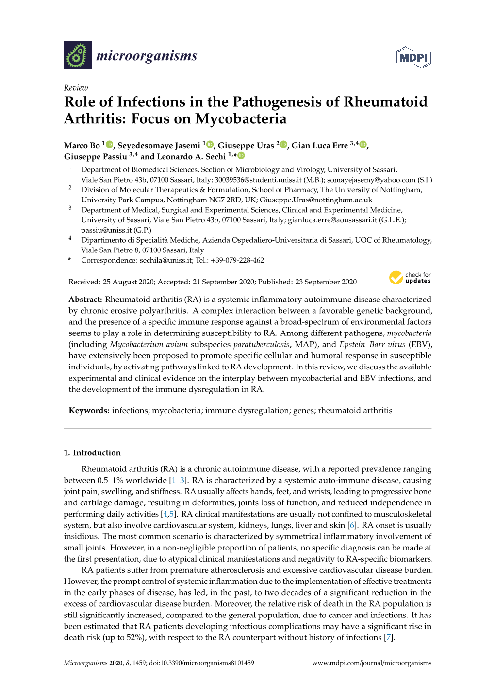 Role of Infections in the Pathogenesis of Rheumatoid Arthritis: Focus on Mycobacteria