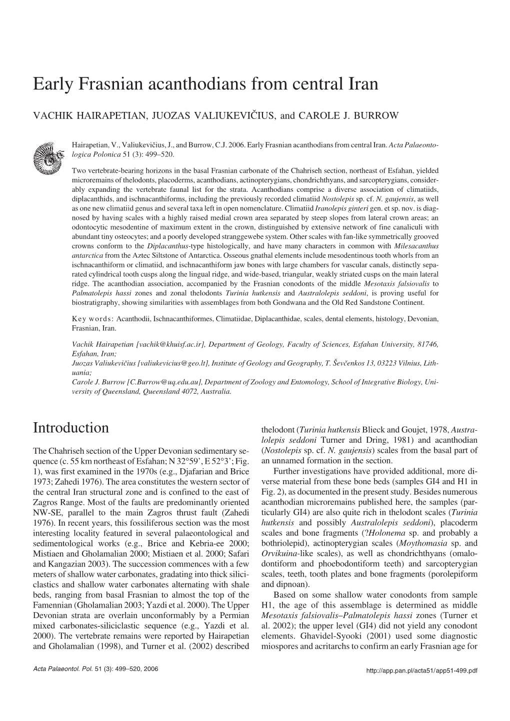 Early Frasnian Acanthodians from Central Iran