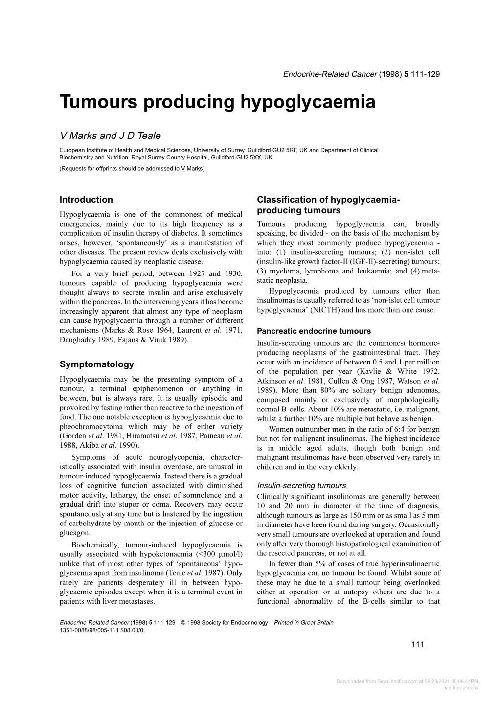 Tumours Producing Hypoglycaemia