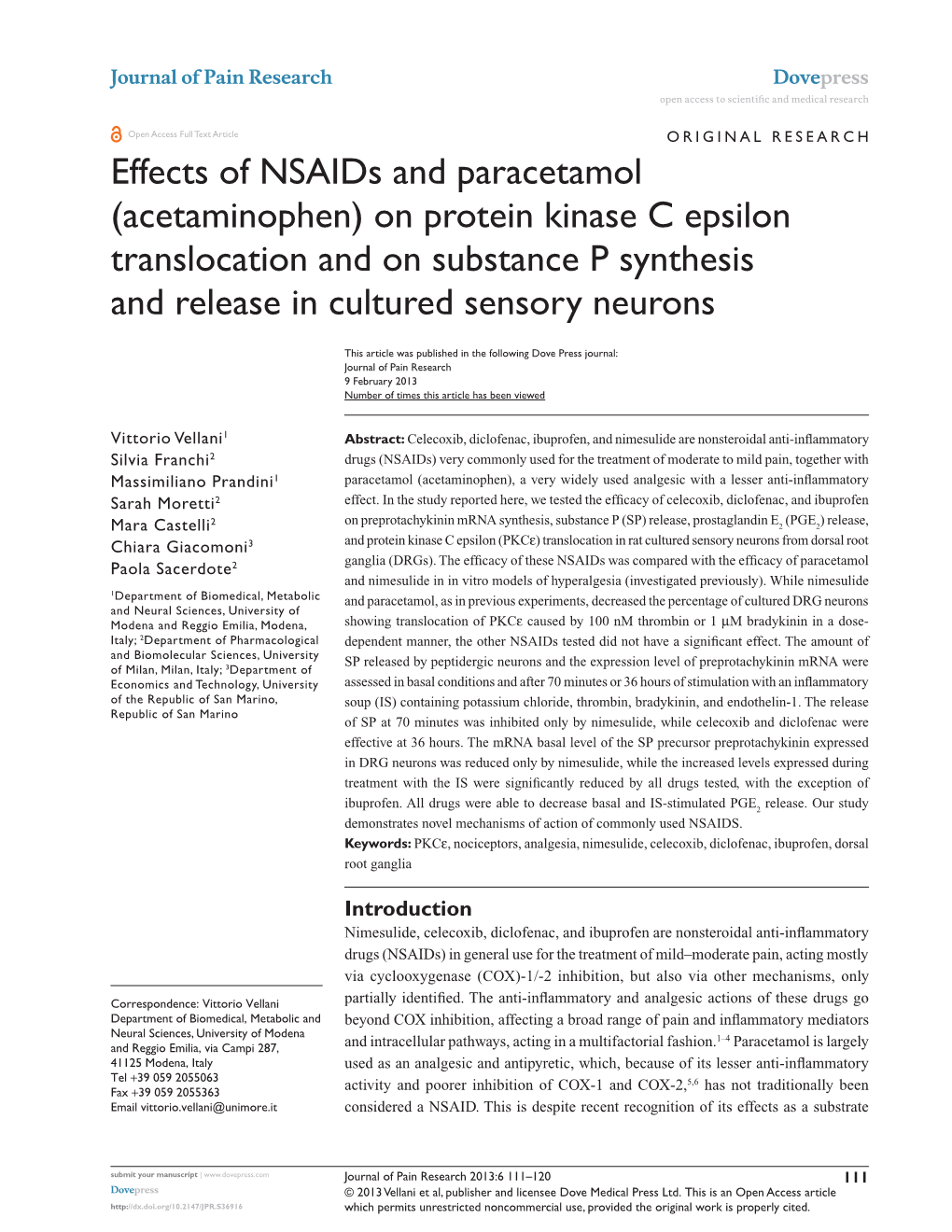 Effects of Nsaids and Paracetamol (Acetaminophen) on Protein Kinase C Epsilon Translocation and on Substance P Synthesis and Release in Cultured Sensory Neurons