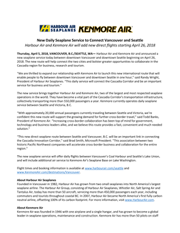 New Daily Seaplane Service to Connect Vancouver and Seattle Harbour Air and Kenmore Air Will Add New Direct Flights Starting April 26, 2018
