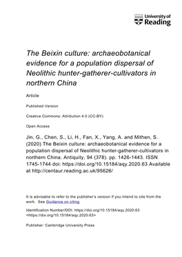 The Beixin Culture: Archaeobotanical Evidence for a Population Dispersal of Neolithic Hunter-Gatherer-Cultivators in Northern China