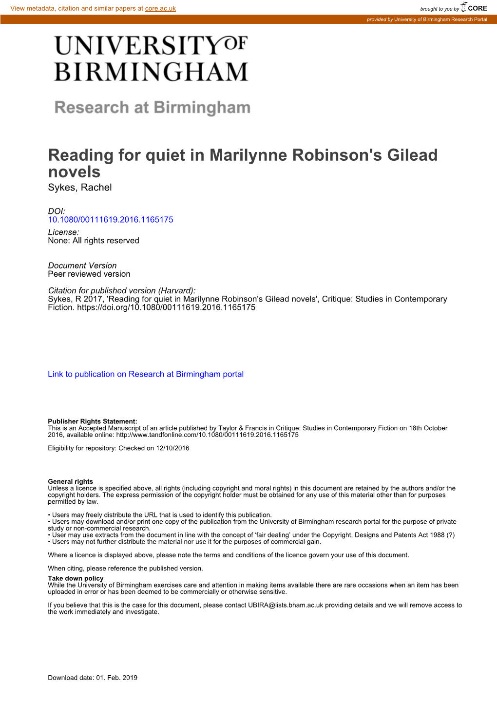 Reading for Quiet in Marilynne Robinson's Gilead Novels Sykes, Rachel