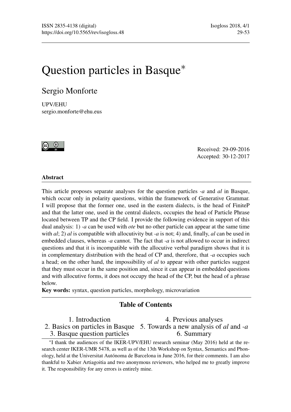 Question Particles in Basque∗