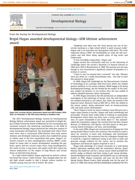 Brigid Hogan Awarded Developmental Biology—SDB Lifetime Achievement