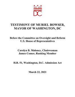 Testimony of Muriel Bowser, Mayor of Washington, Dc