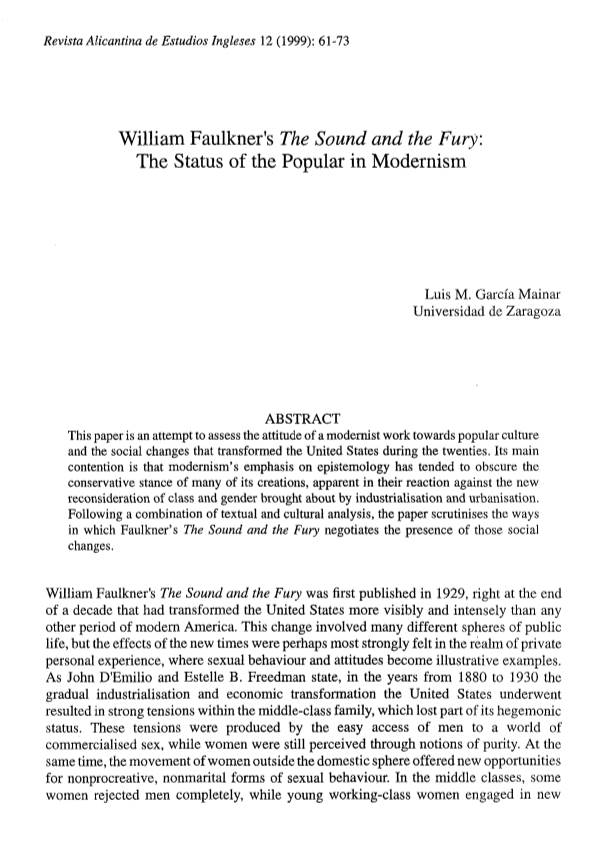 William Faulkner's the Sound and the Fury: the Status of the Popular in Modernism