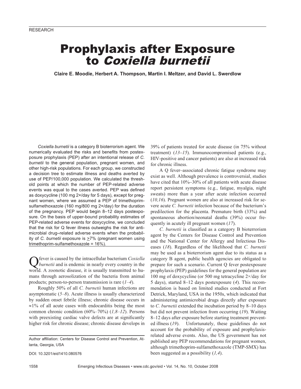 Prophylaxis After Exposure to Coxiella Burnetii Claire E