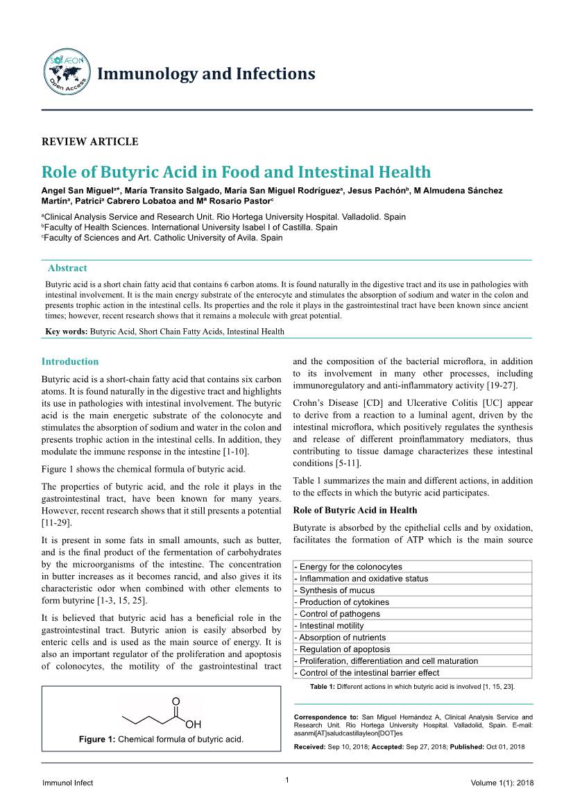 Role of Butyric Acid in Food and Intestinal Health