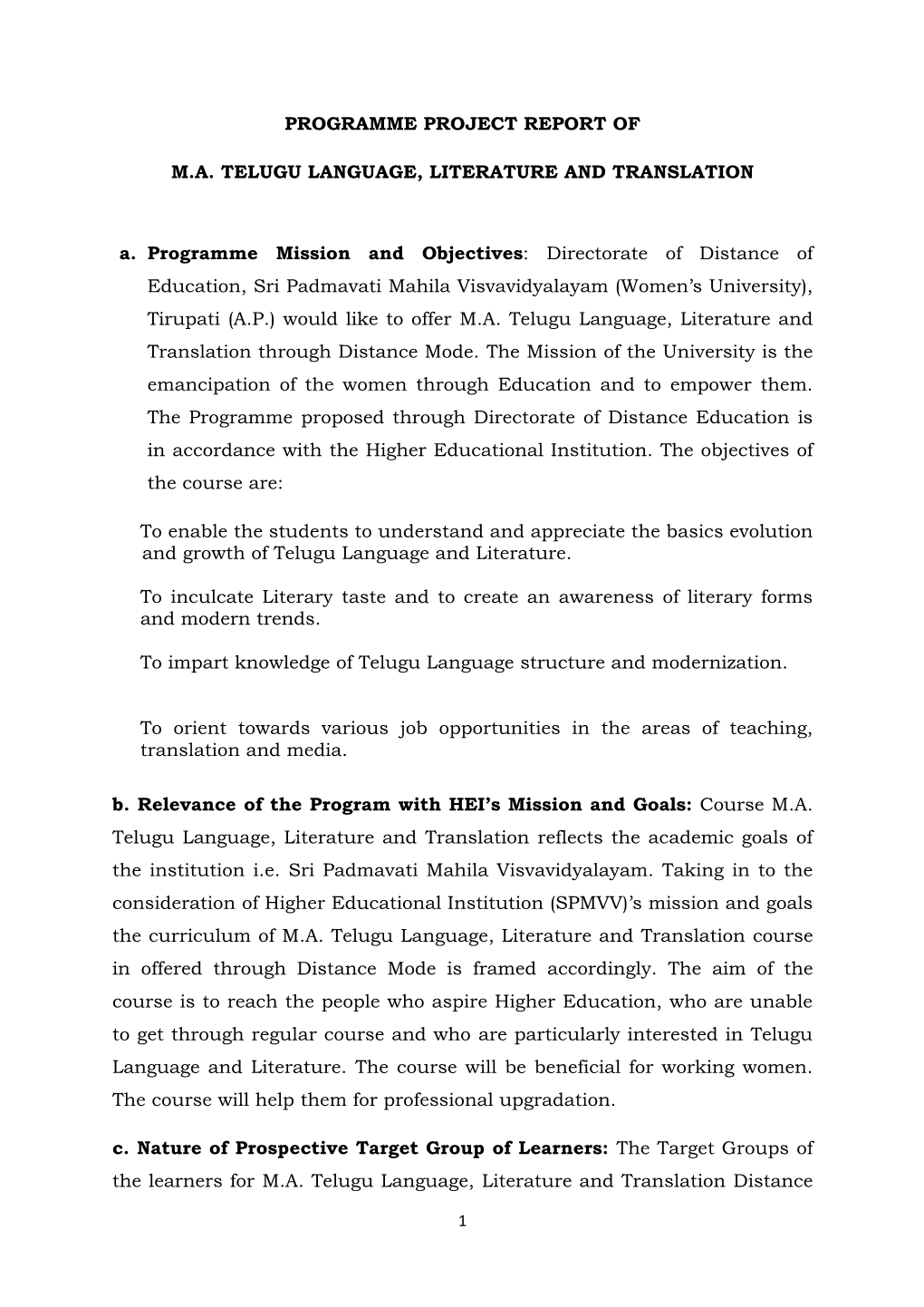 M.A Telugu Language,Literature & Translation PPR for 2020-21