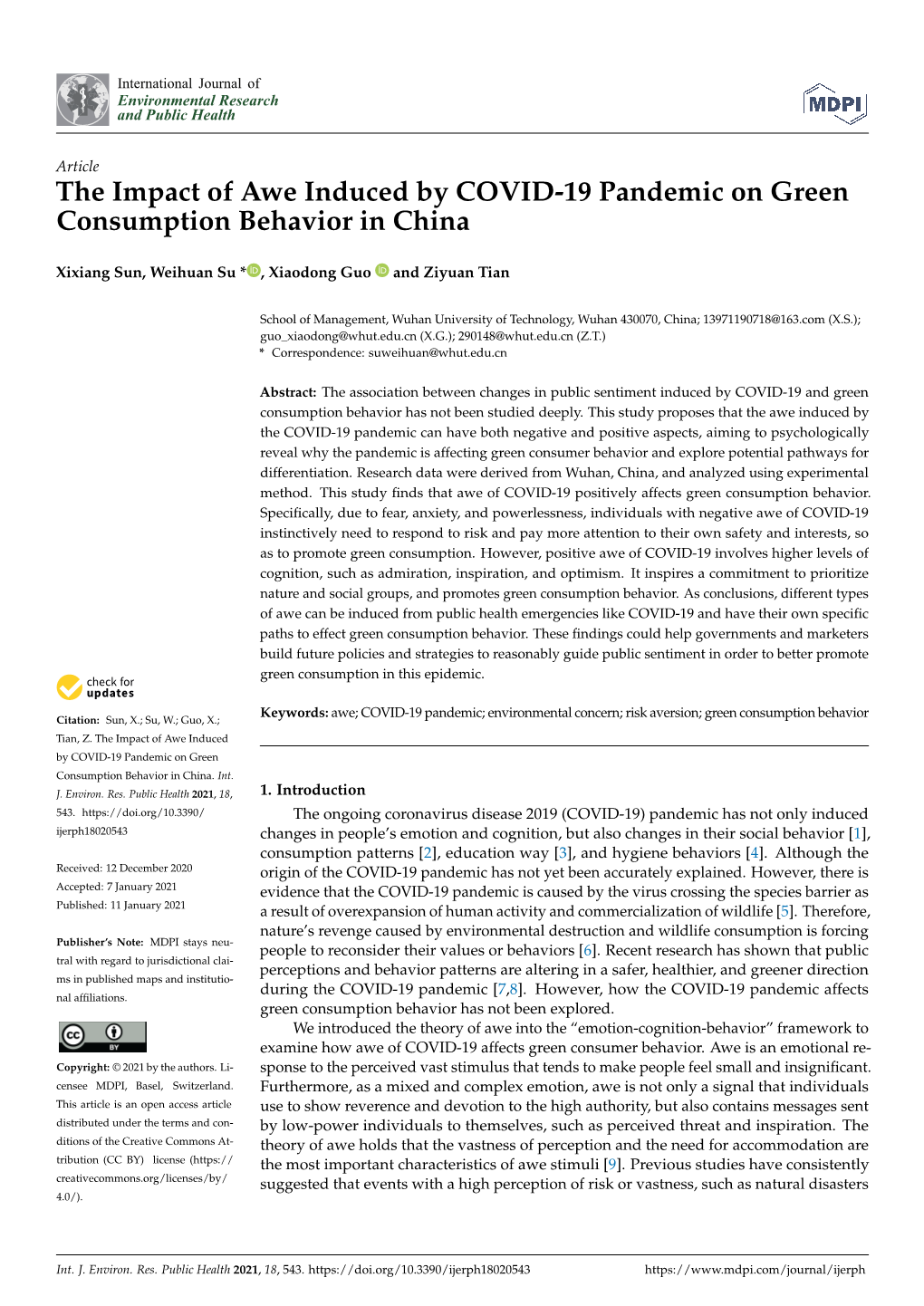 The Impact of Awe Induced by COVID-19 Pandemic on Green Consumption Behavior in China