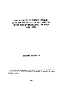 The Business of Rugby League: Some Social and Economic Aspects in the Sydney Metropolitan Area 1908 - 1952