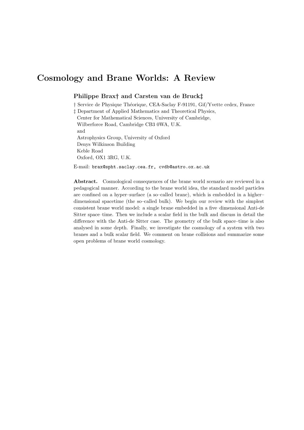 Cosmology and Brane Worlds: a Review