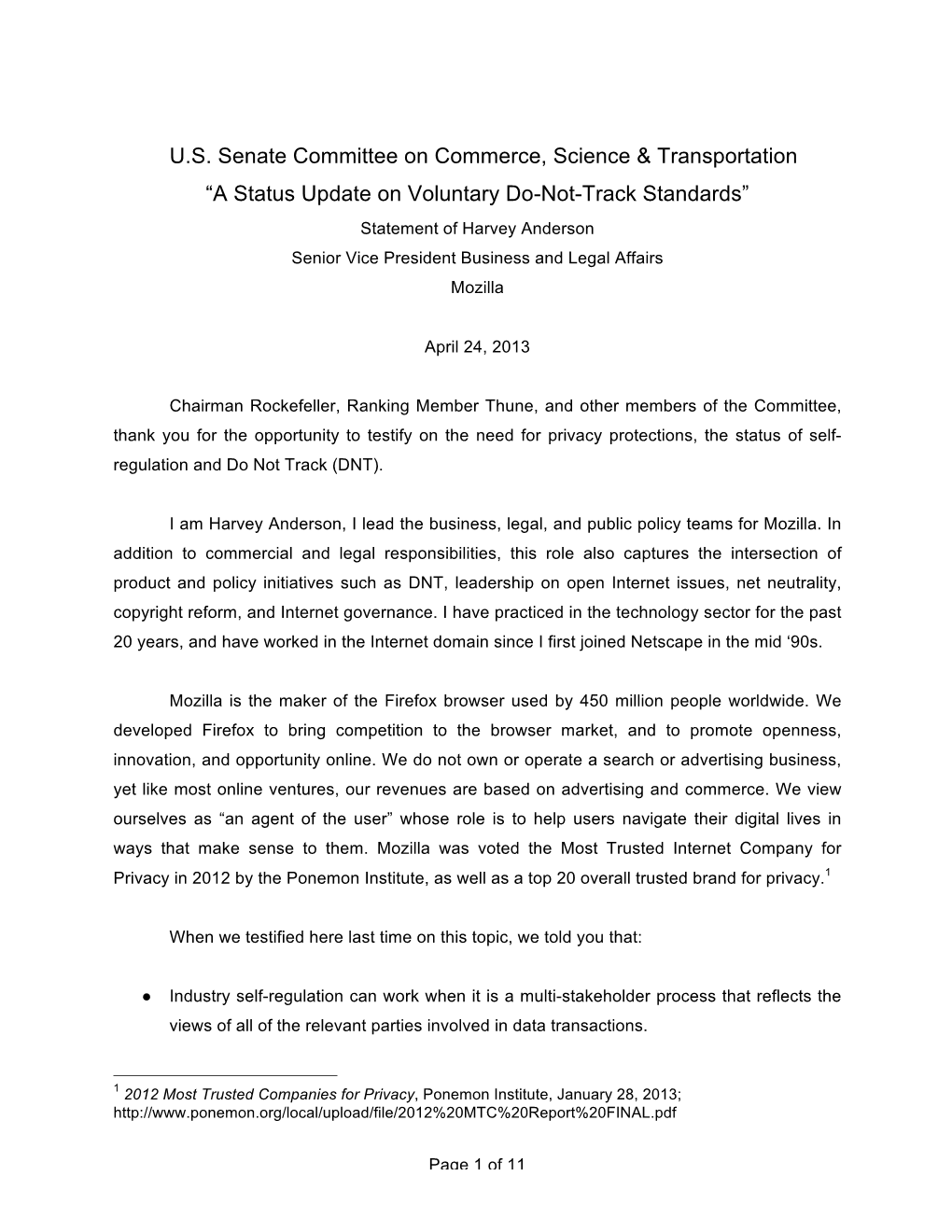 U.S. Senate Committee on Commerce, Science & Transportation “A Status Update on Voluntary Do-Not-Track Standards”