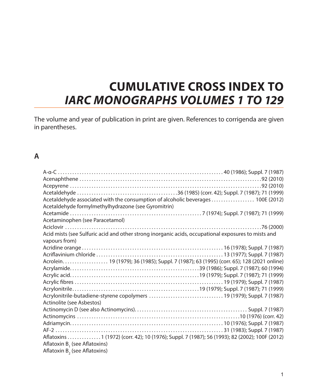 Cumulative Cross Index to Iarc Monographs Volumes 1 to 129