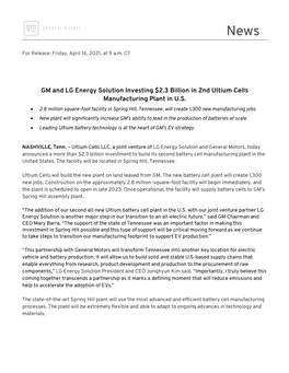 GM and LG Energy Solution Investing $2.3 Billion in 2Nd Ultium Cells Manufacturing Plant in U.S