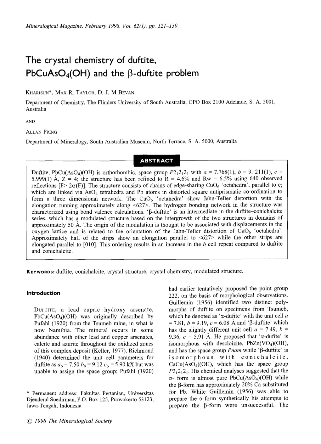 The Crystal Chemistry of Duftite, Pbcuaso4(OH) and the 13-Duftite Problem