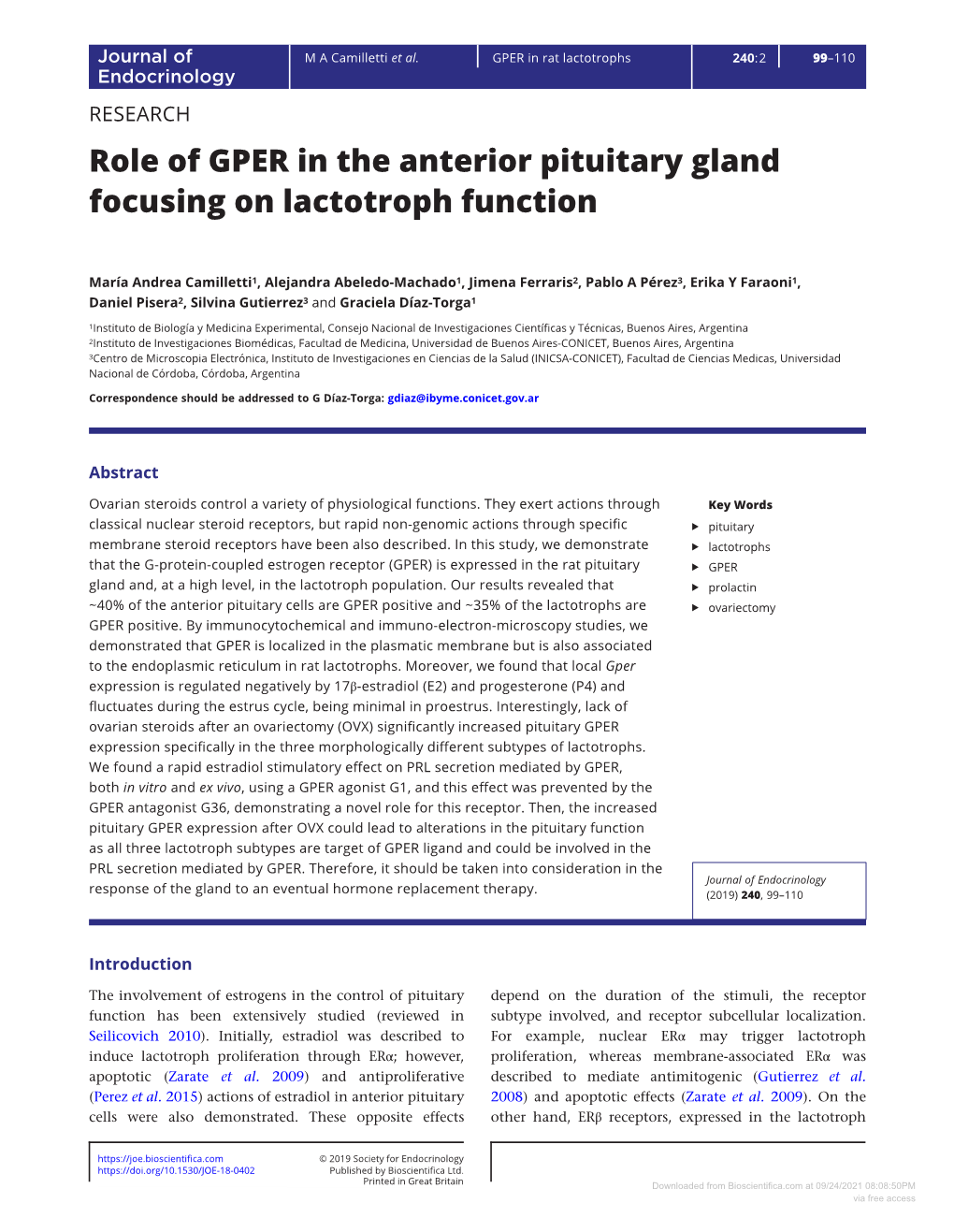 Role of GPER in the Anterior Pituitary Gland Focusing on Lactotroph Function