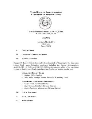 SUBCOMMITTEE on ARTICLES VI, VII, & VIII AGENDA MONDAY, MAY 2, 2016 10:00 A.M. ROOM E1.030 I. II. Charge #17: Review Histori