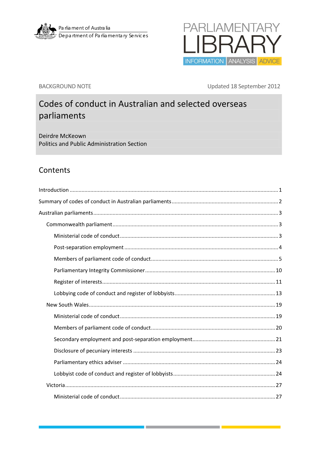 Codes of Conduct in Australian and Selected Overseas Parliaments