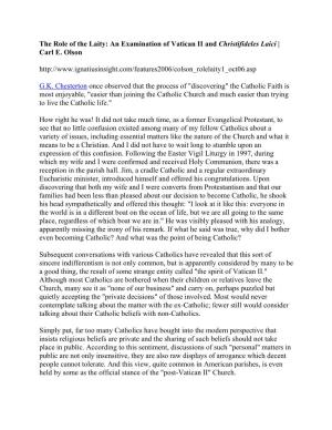 The Role of the Laity: an Examination of Vatican II and Christifideles Laici | Carl E