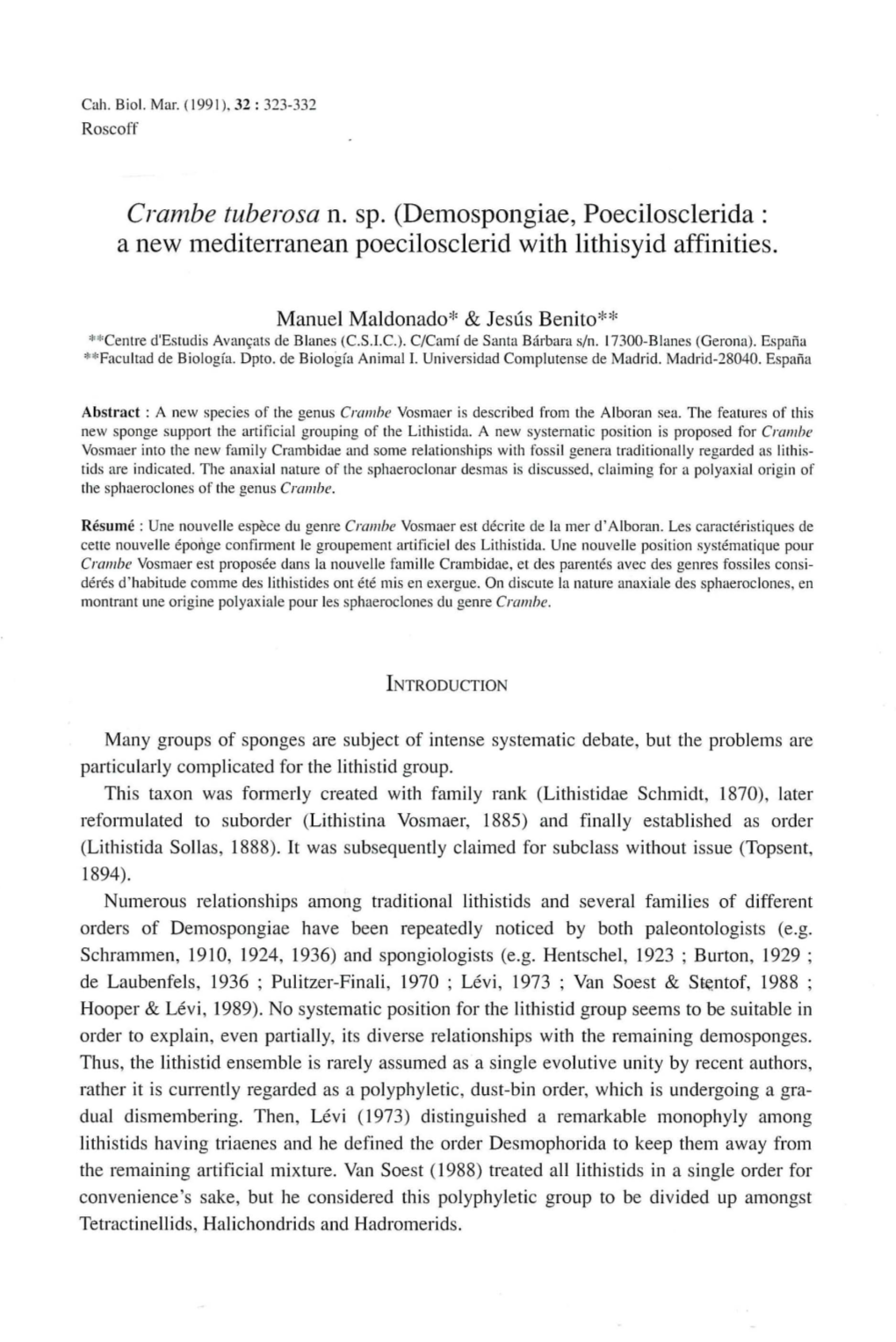 Crambe Tuberosa N. Sp. (Demospongiae, Poecilosclerida : a New Mediterranean Poecilosclerid with Lithisyid Affinities