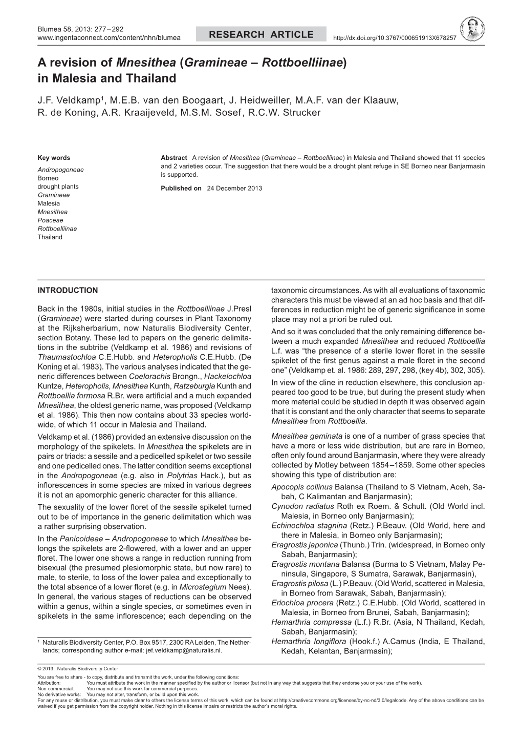 A Revision of Mnesithea (Gramineae – Rottboelliinae) in Malesia and Thailand