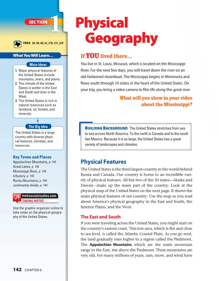 Physical Geography in the East and South, the Use the Graphic Organizer Online to Interior Plains, and the West