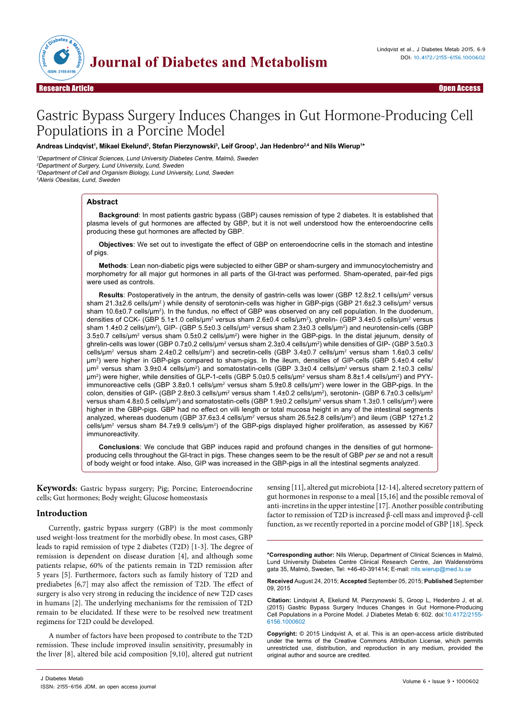 Gastric Bypass Surgery Induces Changes in Gut Hormone-Producing Cell Populations in a Porcine Model
