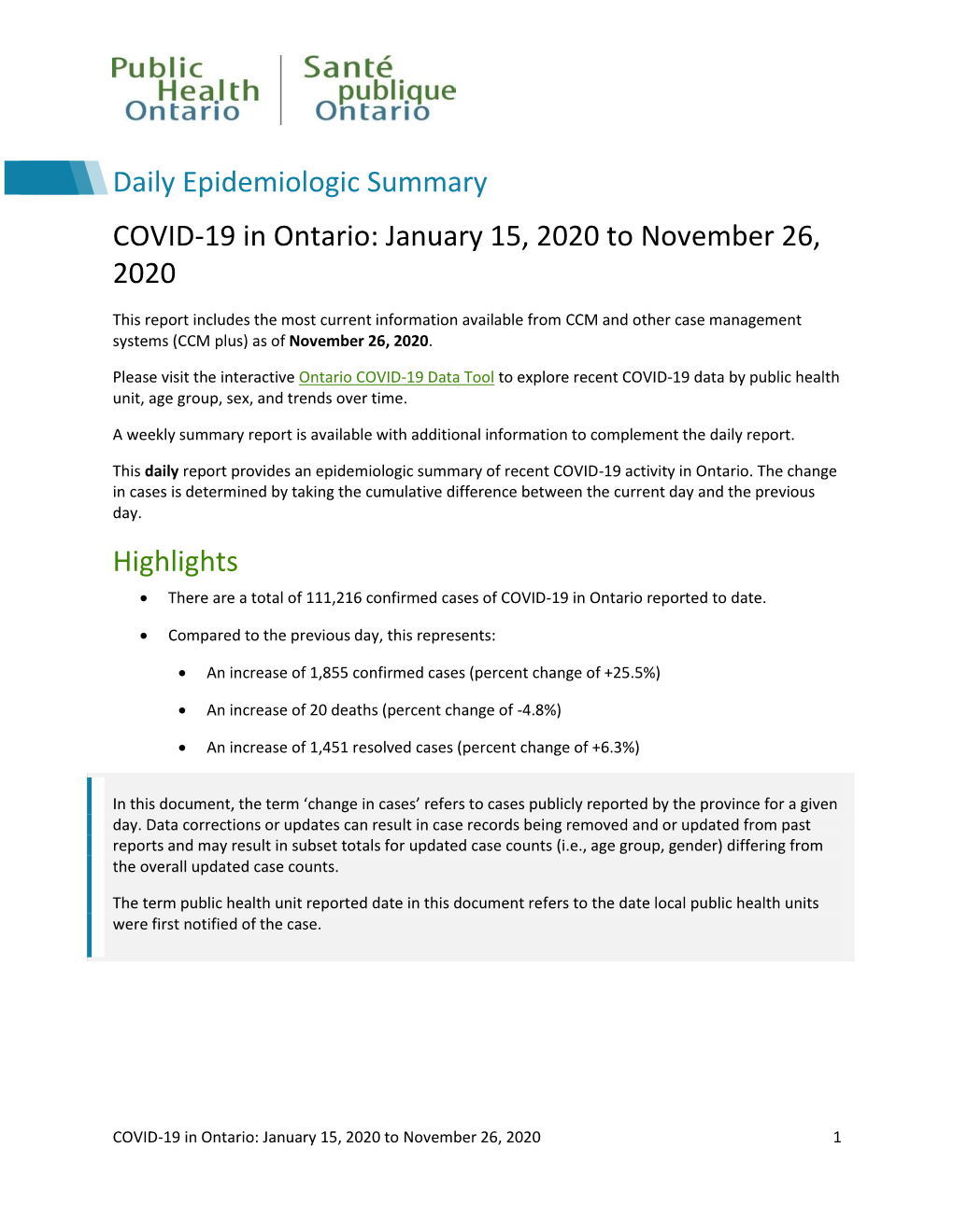 COVID-19 in Ontario: January 15, 2020 to November 26, 2020