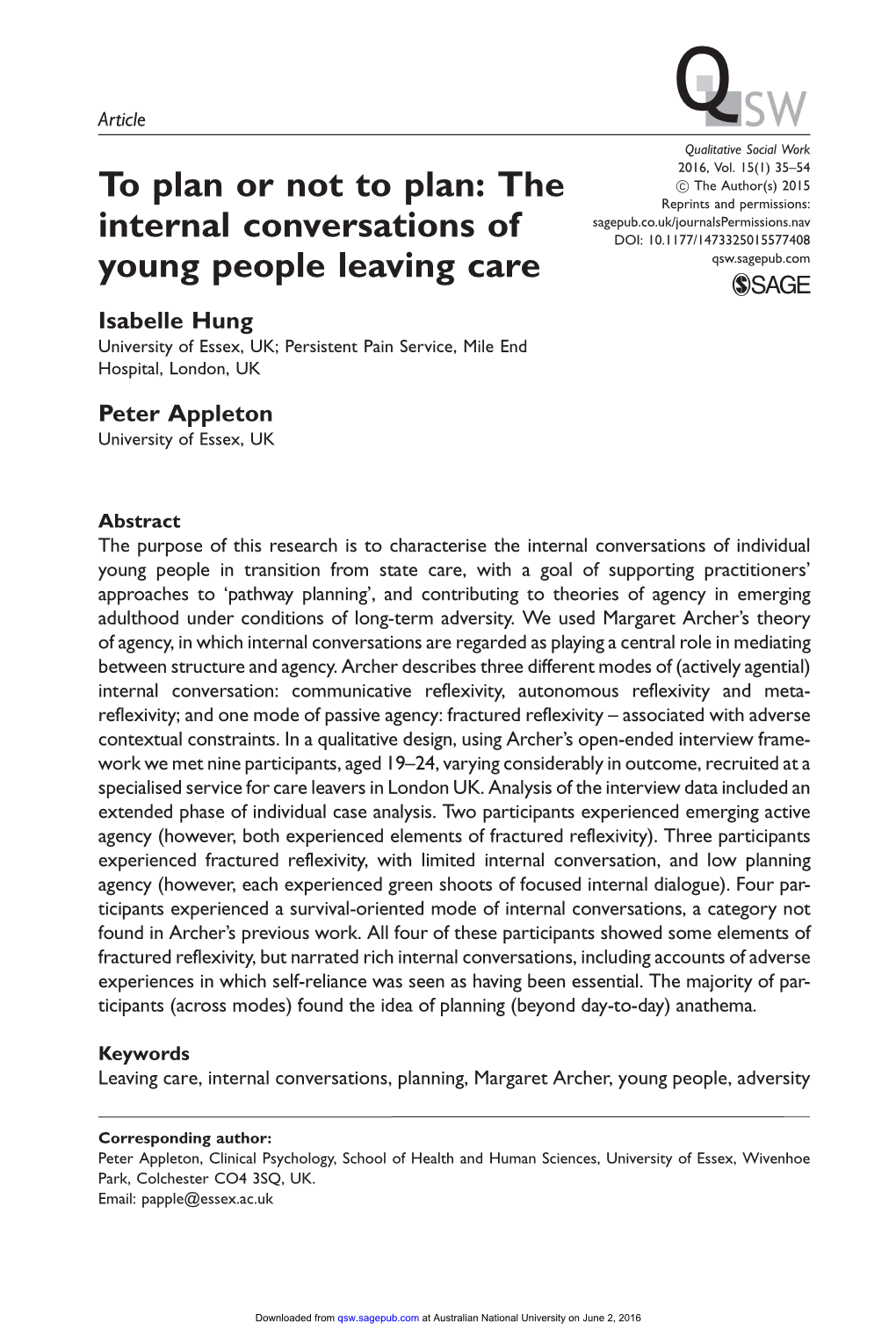 The Internal Conversations of Young People Leaving Care