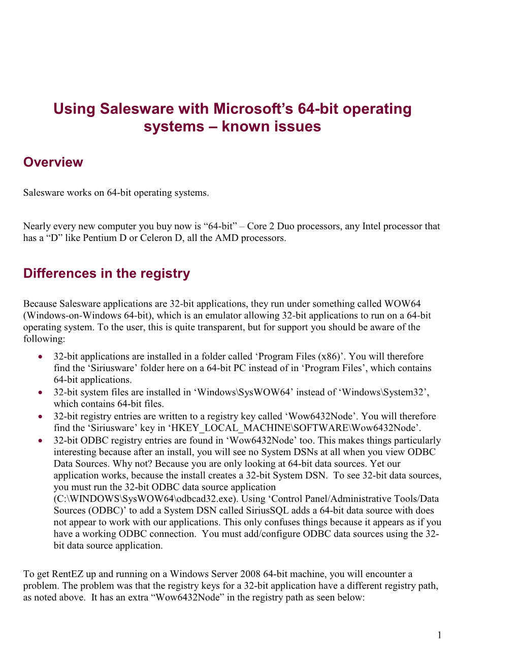 Using Salesware with Microsoft's 64-Bit Operating Systems – Known