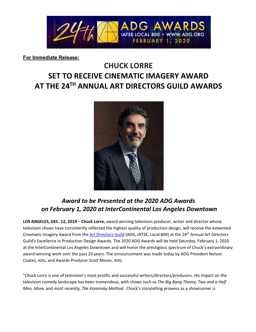 Chuck Lorre Set to Receive Cinematic Imagery Award at the 24Th Annual Art Directors Guild Awards