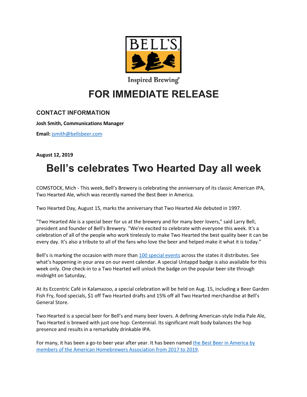 Bell's Celebrates Two Hearted Day All Week