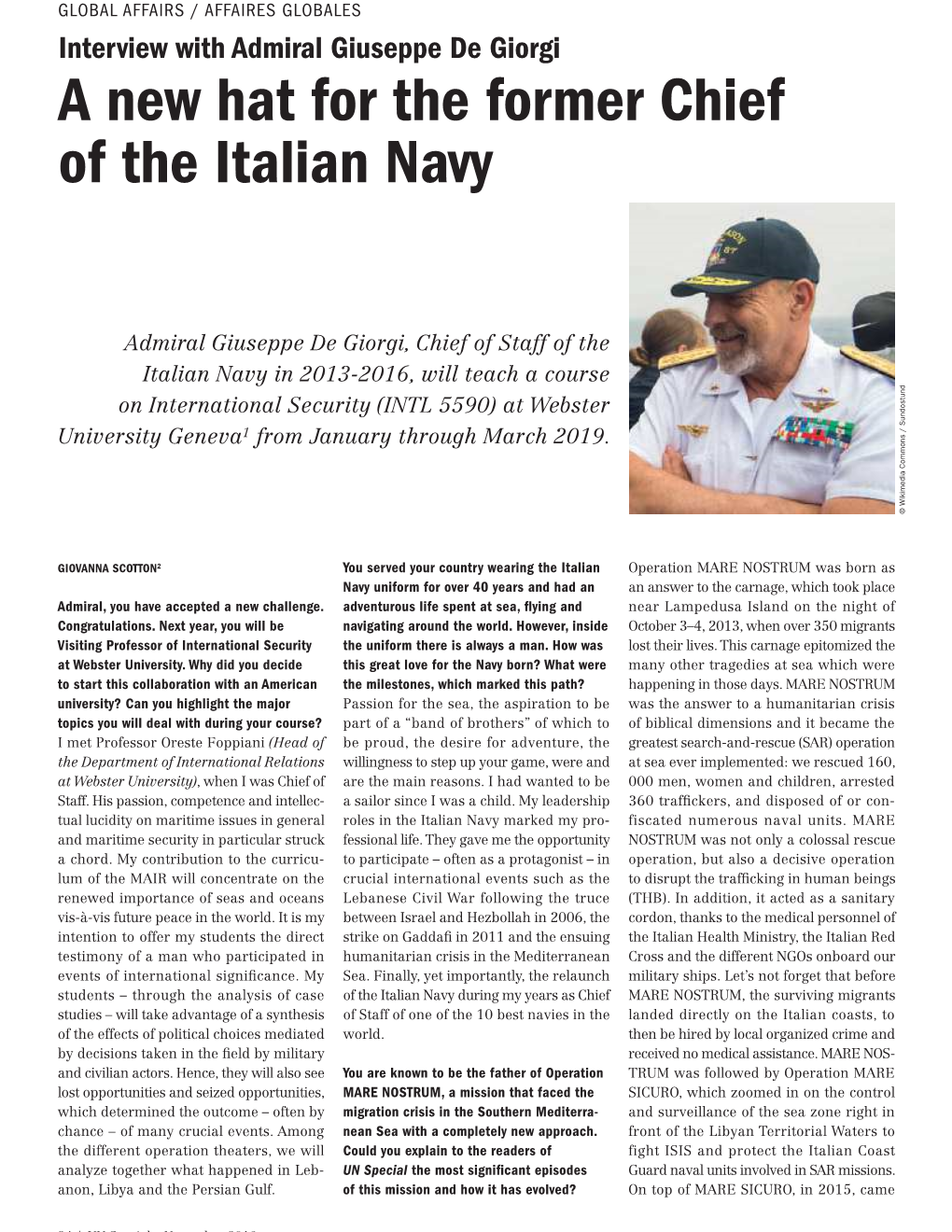 A New Hat for the Former Chief of the Italian Navy