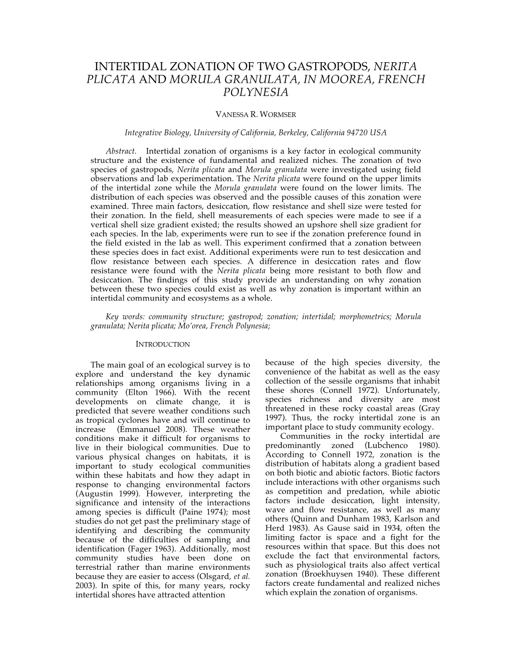 Intertidal Zonation of Two Gastropods, Nerita Plicata and Morula Granulata, in Moorea, French Polynesia