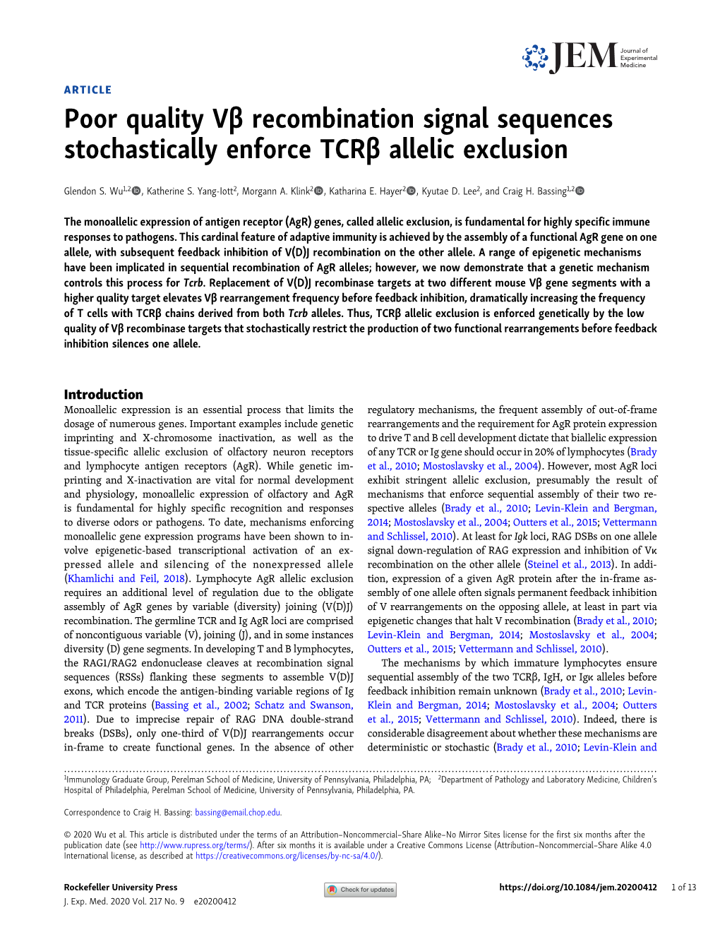 Poor Quality Vβ Recombination Signal Sequences Stochastically Enforce Tcrβ Allelic Exclusion