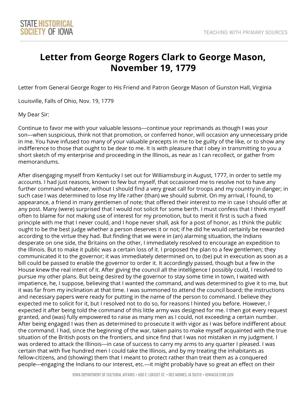 Full Transcript of George Roger Clark's Letter to George Mason