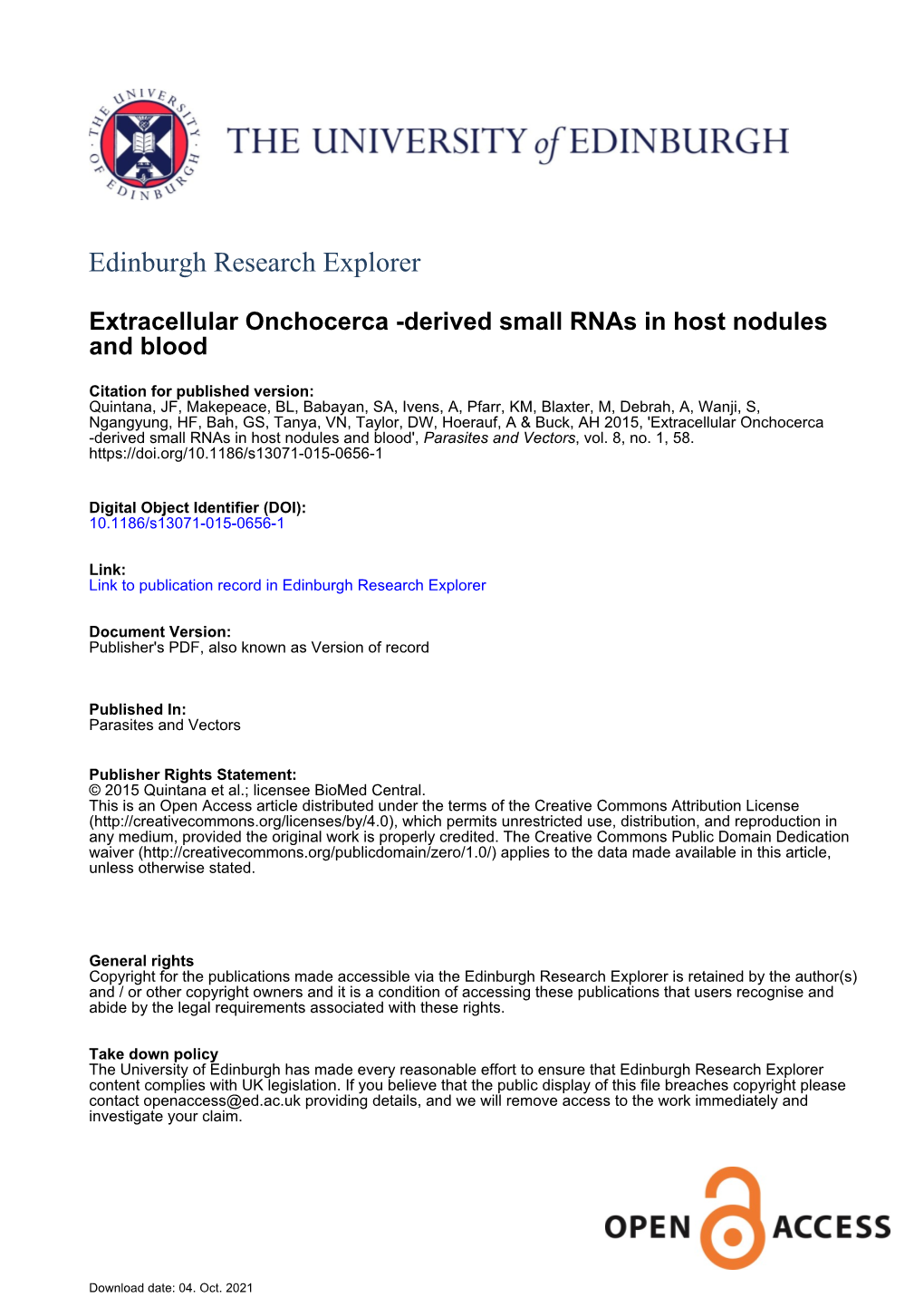 Extracellular Onchocerca-Derived Small Rnas in Host Nodules