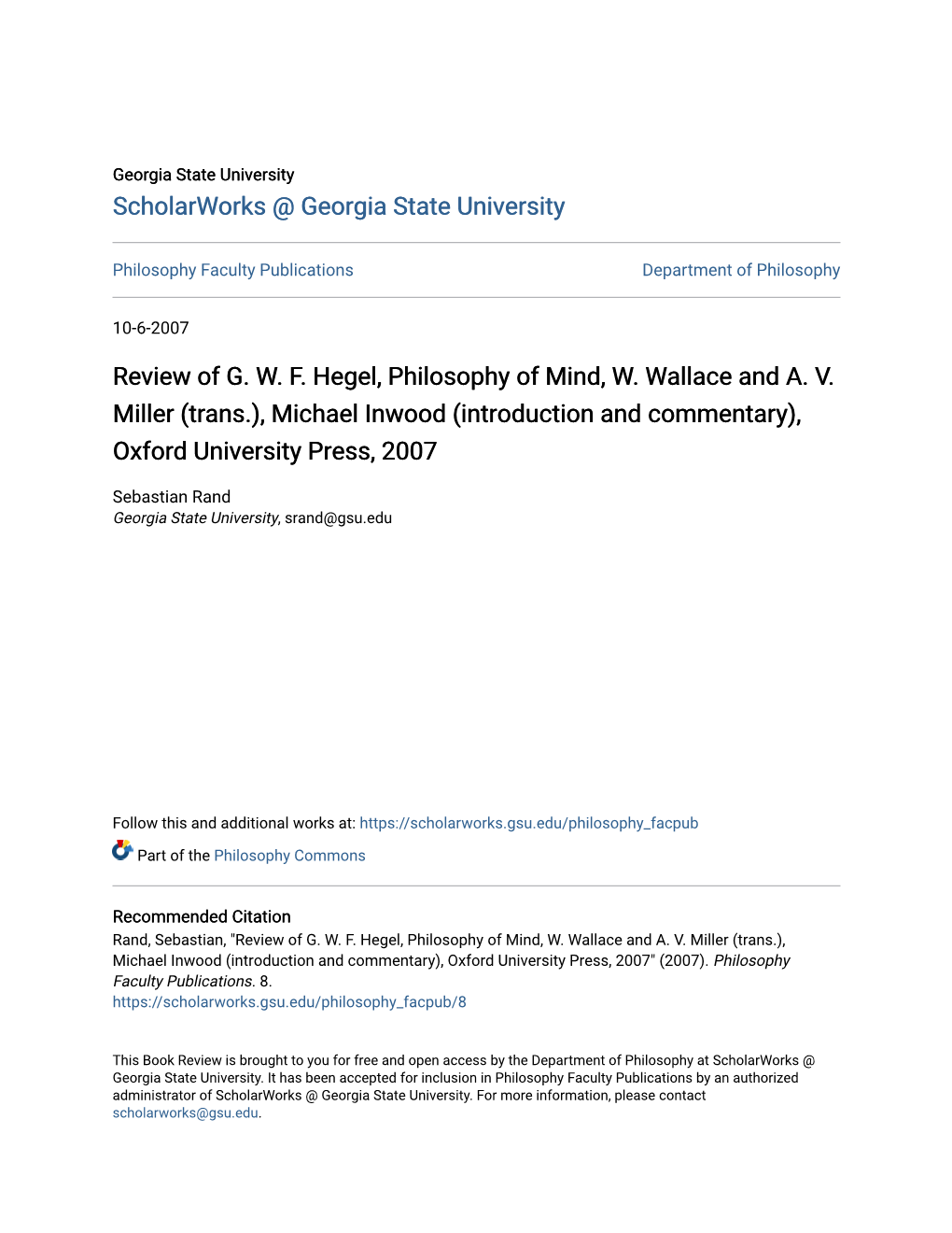Review of GWF Hegel, Philosophy of Mind, W. Wallace and AV Miller
