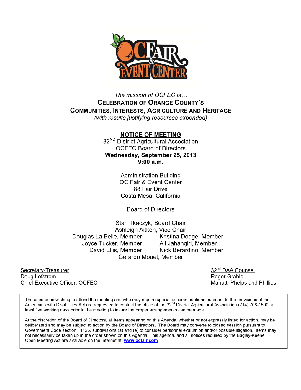 NOTICE of MEETING 32ND District Agricultural Association OCFEC Board of Directors Wednesday, September 25, 2013 9:00 A.M