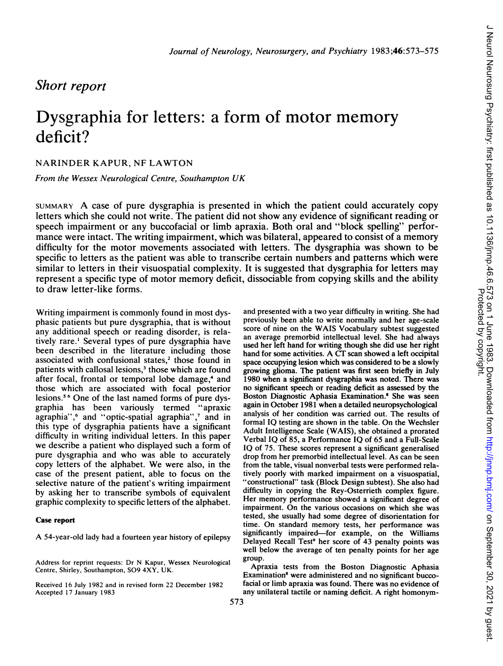 Dysgraphia for Letters: a Form of Motor Memory Deficit?