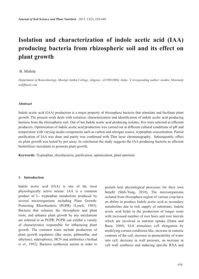 (IAA) Producing Bacteria from Rhizospheric Soil and Its Effect on Plant Growth