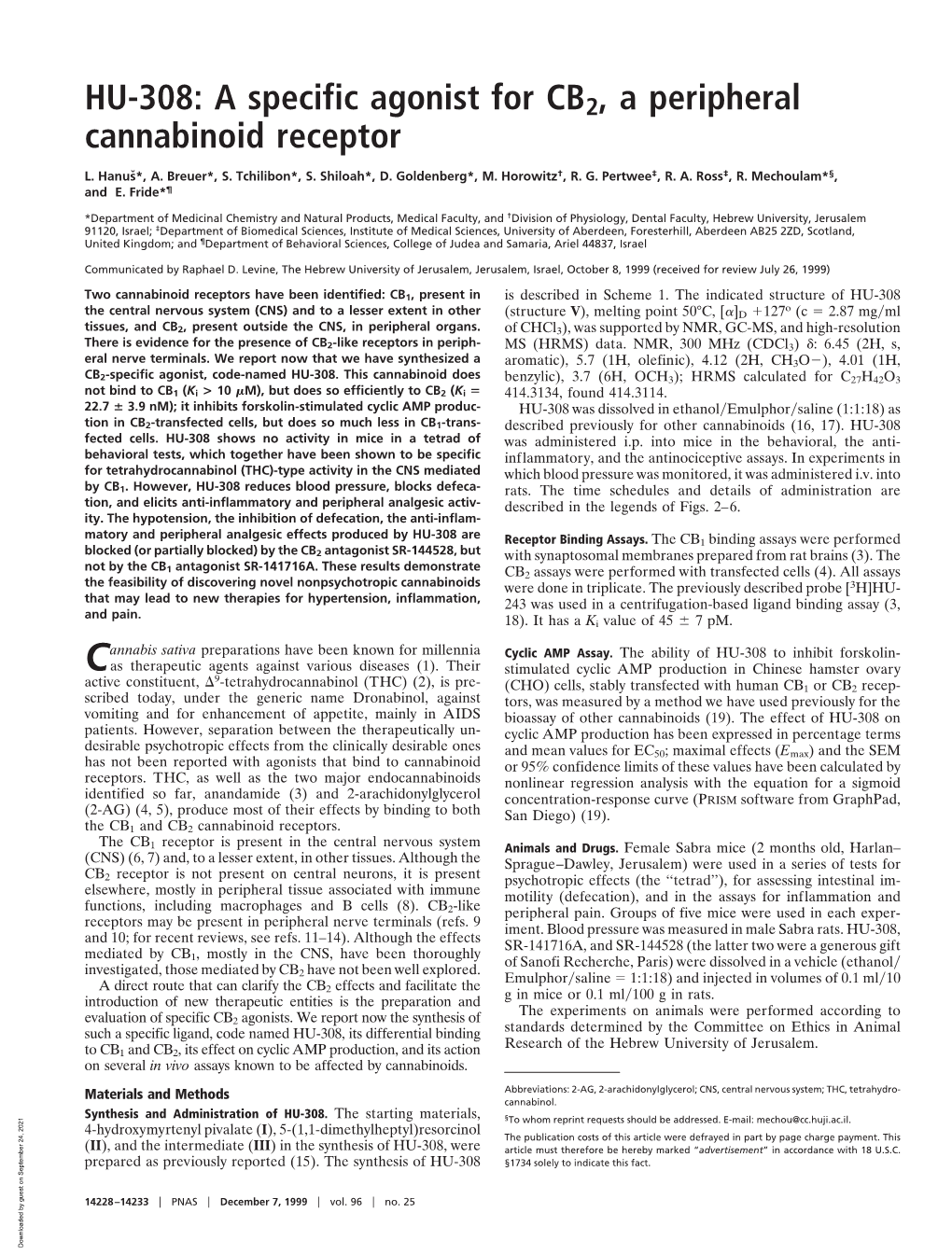 A Specific Agonist for CB2, a Peripheral Cannabinoid Receptor